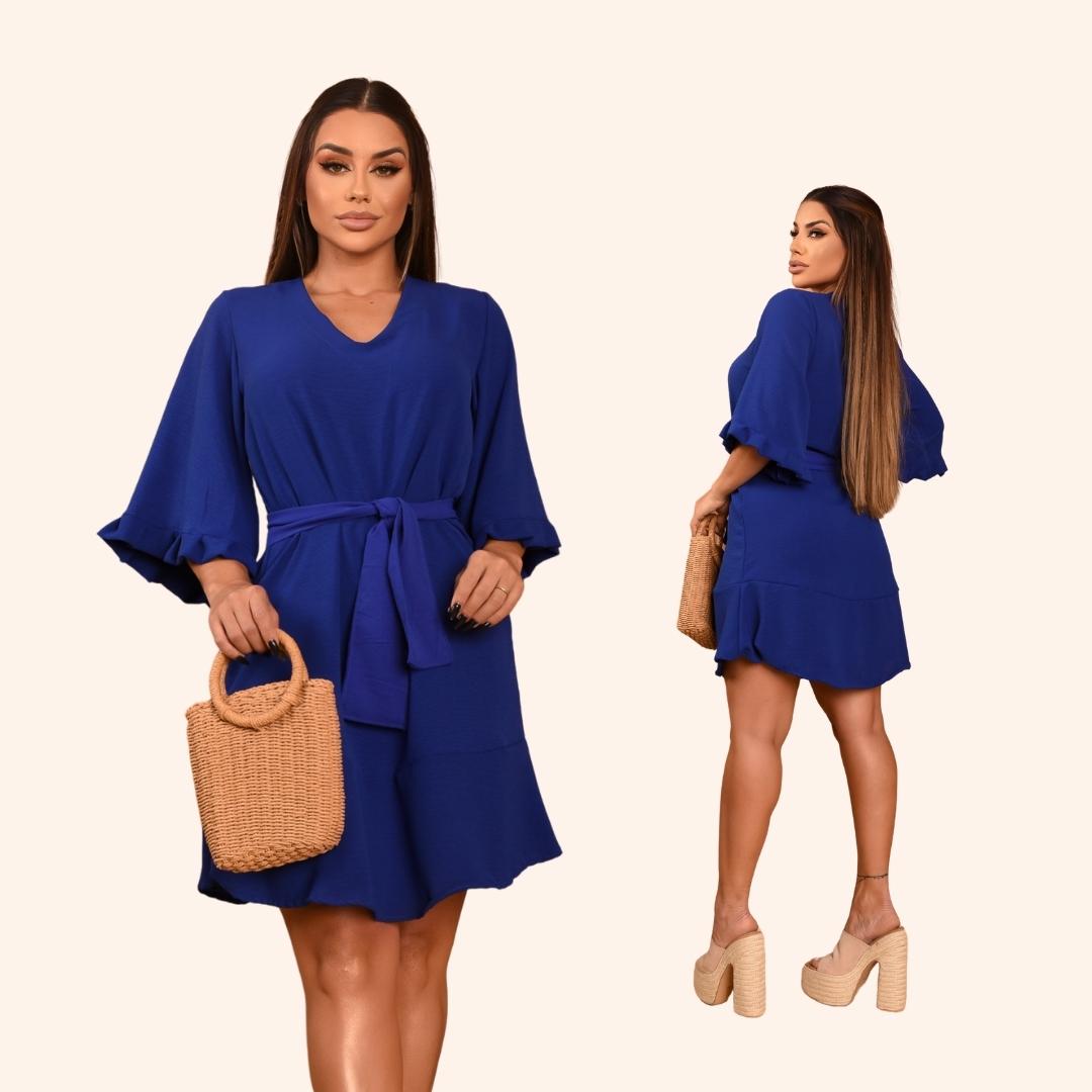 Vestido midi de manga bufante na cor azul royal