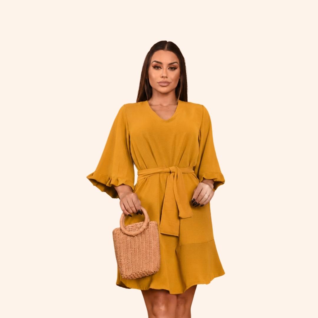 Vestido midi de manga bufante na cor mostarda