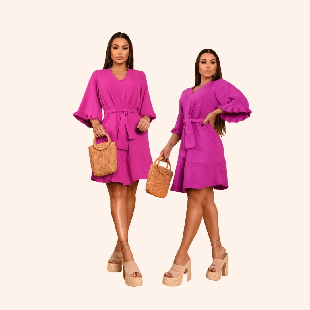 Vestido midi de manga bufante na cor pink