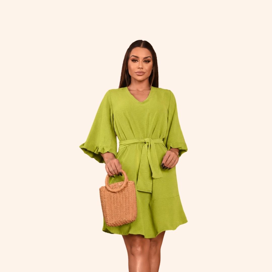 Vestido midi de manga bufante na cor verde-limão